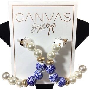 Canvas Style Pierced EarringsFaux Pearls Blue White Porcelain ? Beads Costume C